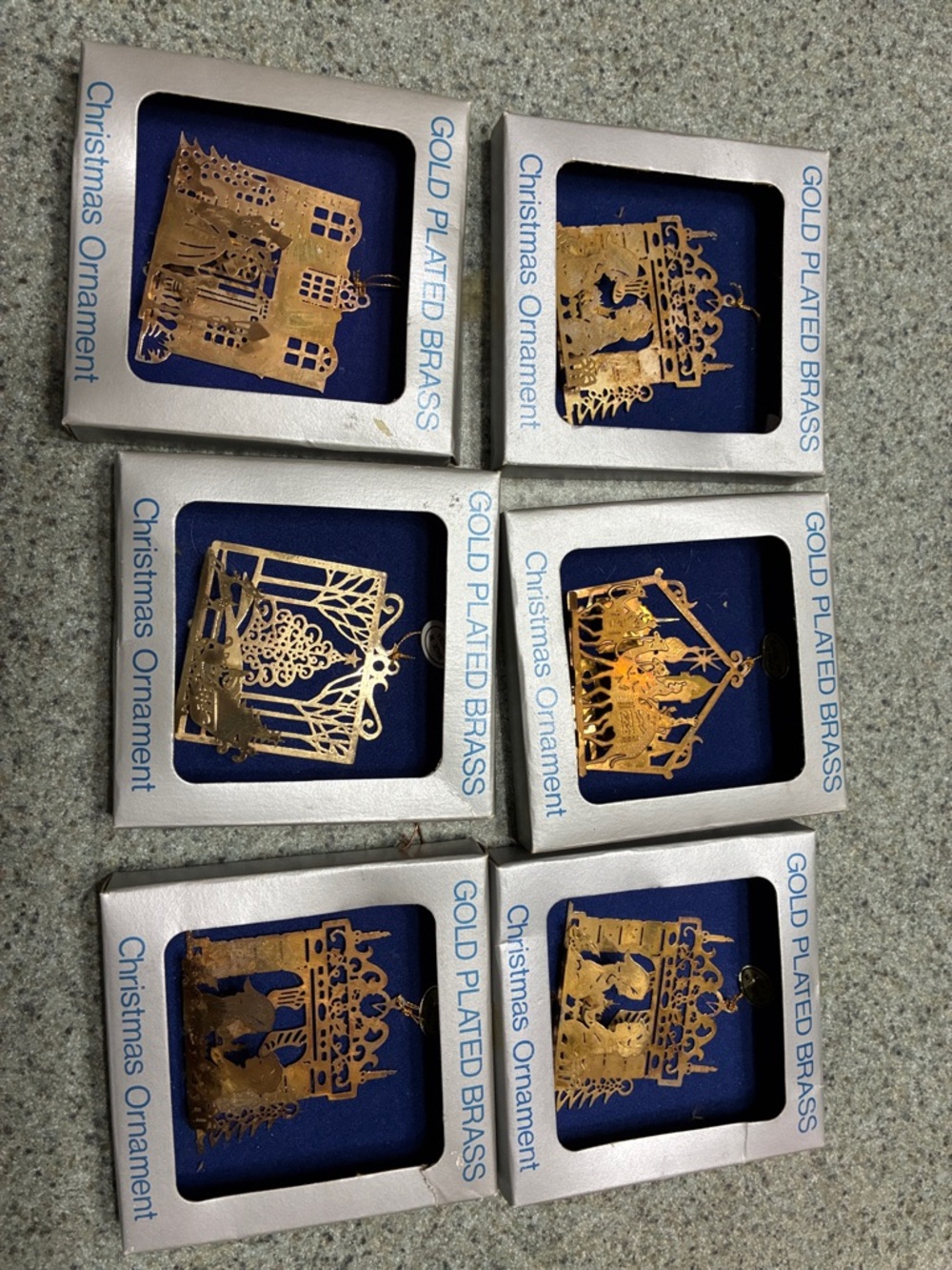 Gold Plated Brass Vintage Christmas Ornaments - Set of 6